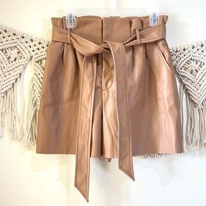NWT Zara Faux Leather Paper Bag High Waisted Tie Tan Shorts Size M